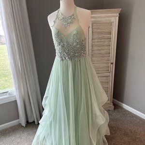 Mint green halter-neckline tulle Prom dress with beaded bodice, Size 5